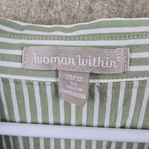 Woman Within Womens Button Down Shirt Green & White Striped Size 3X 100% Cotton - Picture 3 of 6